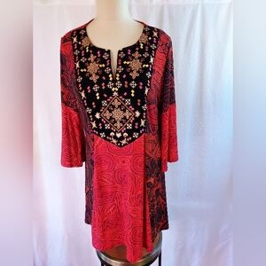 Soft Surroundings Women's Tunic Size Large Boho Red Black Velvet Embroidery